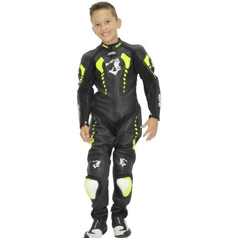 Bela Rollover - Combinaison de moto en cuir pour enfants Noir/Jaune Fluorescent