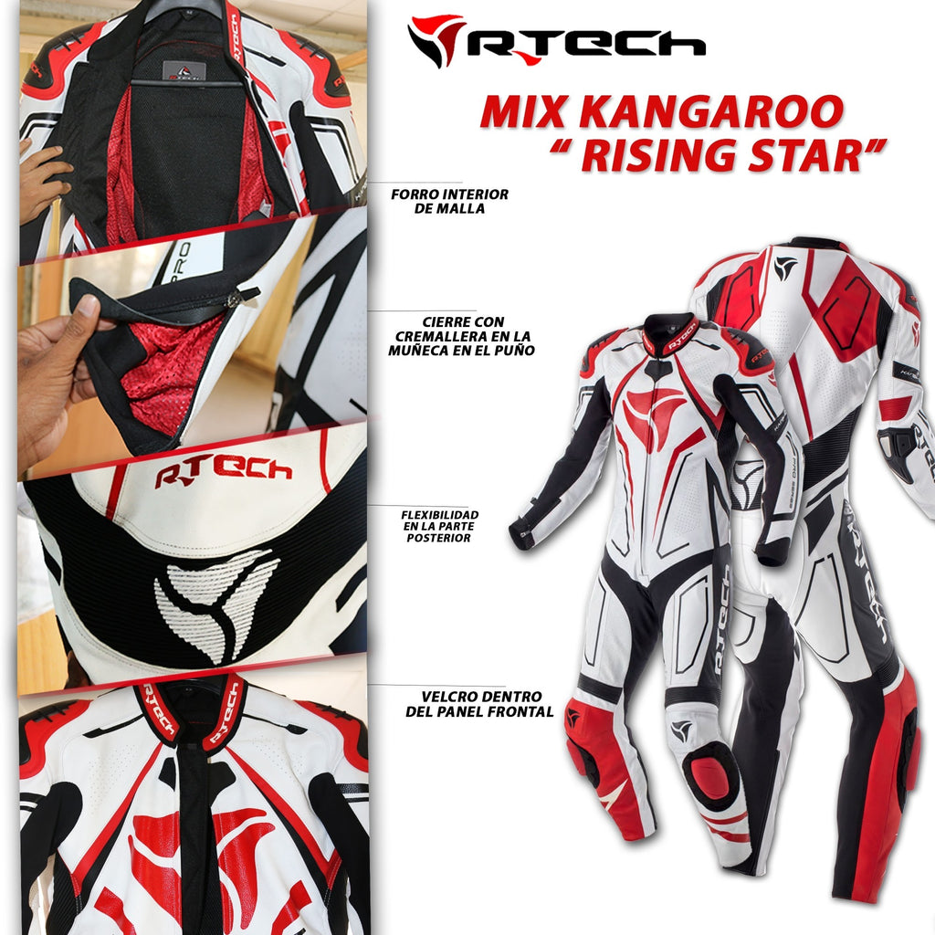R-Tech Rising Star Mix Kangaroo Mono de carreras Moto 1PC Blanco/Negro/Rojo